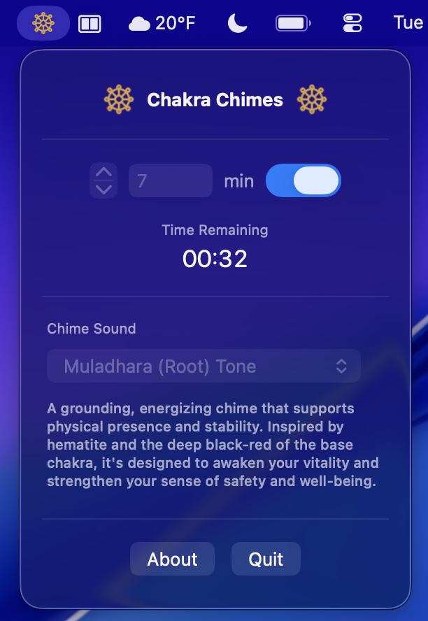 ChakraChimes app interface showing timer settings, time remaining display, and chime sound selection with Muladhara (Root) Tone